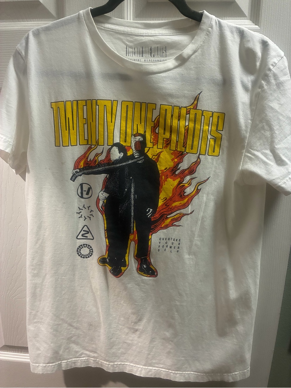 Twenty One Pilots White Graphic Band T-Shirt - Yellow Flame Design